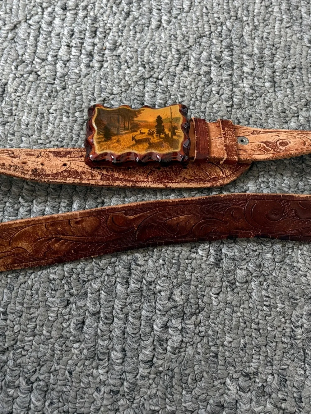 Vintage Tooled Leather Belt • Handmade Wood Resin Deer Buckle • Boho Western